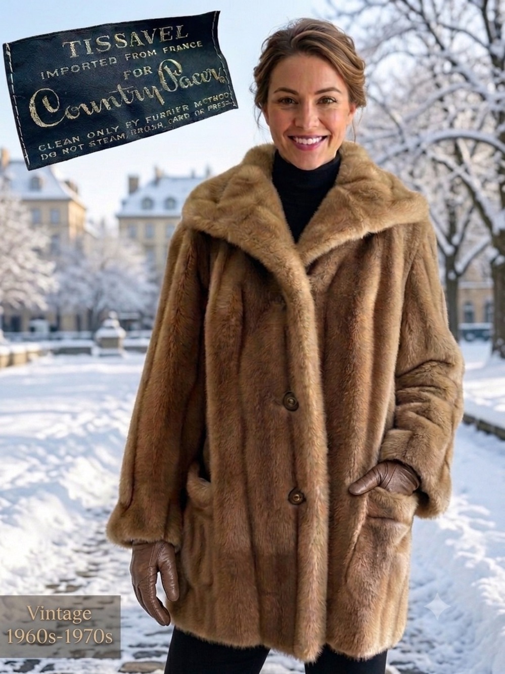 Vintage COUNTRY PACER Tissavel Women's Faux Fur Coat L Blonde Mink Car Coat